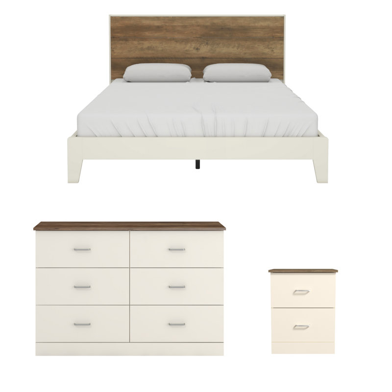 Ensemble de chambre à coucher moderne 3 pièces Hodson, Très grand, Blanc, gris pierre, gris froid, hibou couche-tard