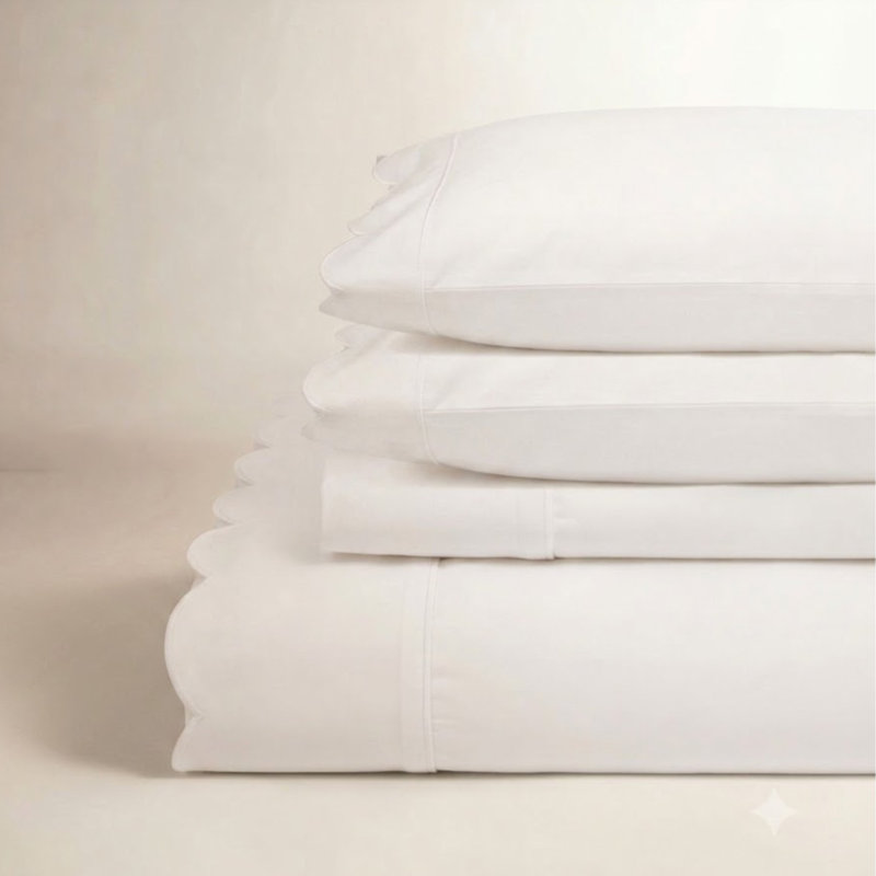 Scallop Frame Percale Sheet Set, White, Full Sheet Set with 2 Pillowcases