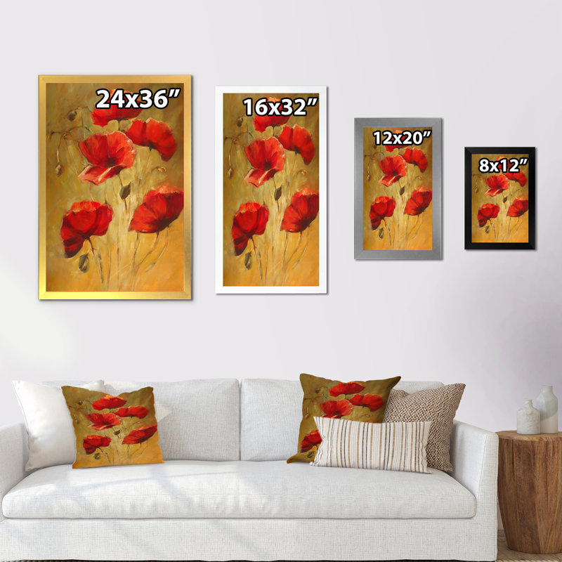 «Red Blooming Poppies IV», reproduction d'art sur toile traditionnelle, H 20 po x l 12 po x P 1 po, Cadre photo noir