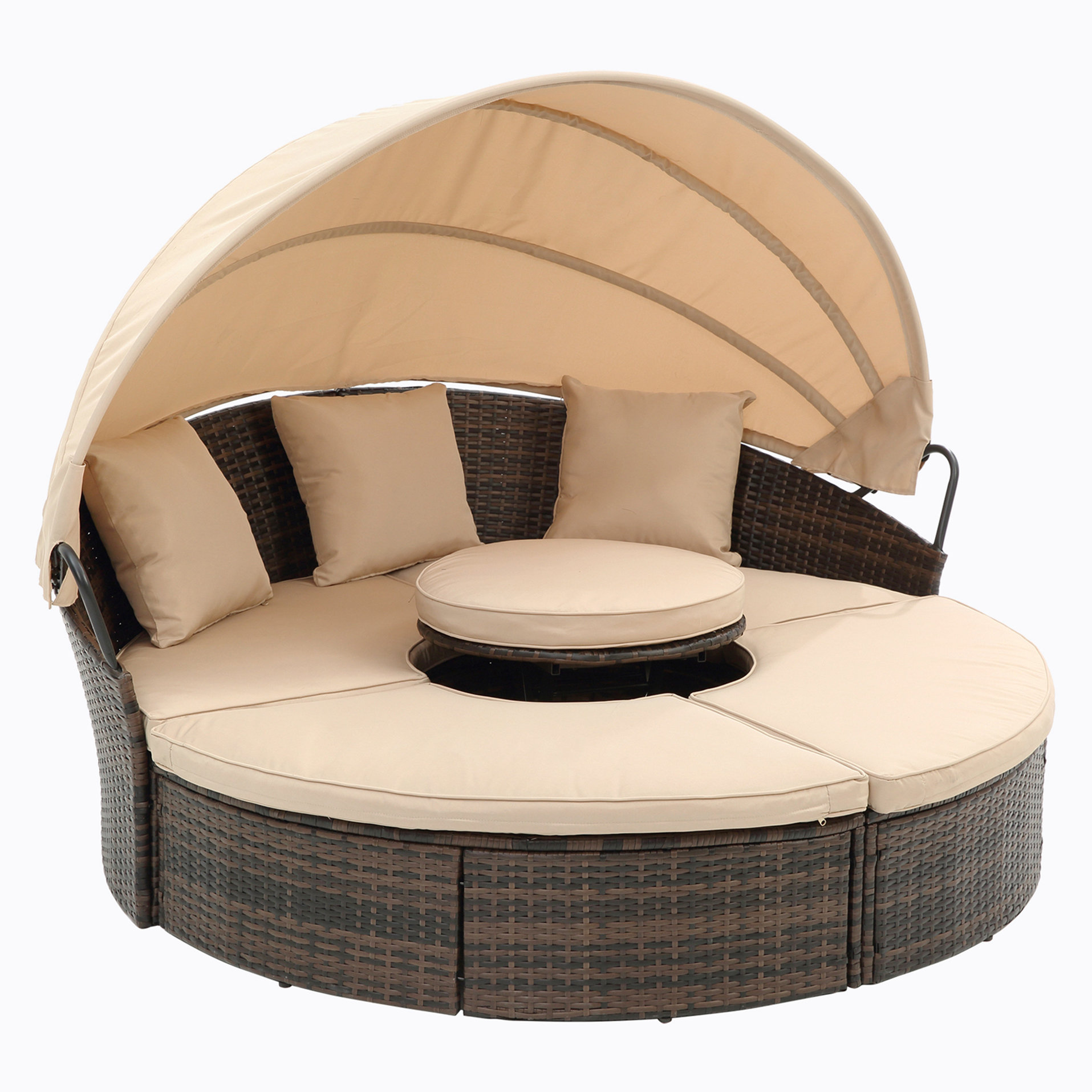 Latitude Run® Rattan Round Lounge With Canopy, Outdoor Sofa Bed with ...