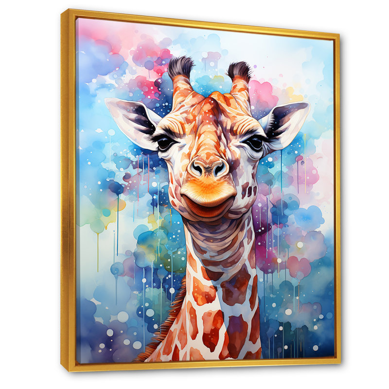Portrait de girafe Pop Art - Reproduction d'art mural girafe, Cadre flottant doré, H 20 po x l 12 po x P 1 po