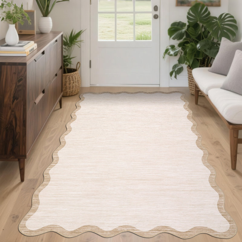 Scalloped Washable Rugs for Living Room Neutral Area Rugs Ultra-Thin Non Slip Large Bedroom Carpet Indoor Stain Resistant Contemporary Carpet for Dining Room Dorm