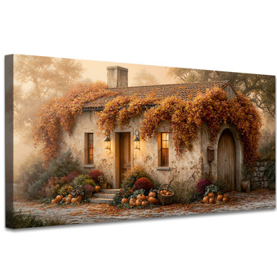 Fall Canvas Wall Art, Autumn Rustic Farmhouse Cottage Painting Pictures with Pumpkins, Canvas Artwork for Home Living Room Bedroom Decor, (12"x24")