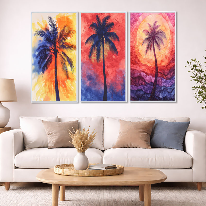 «Radiant Whirl of Palm Trees in Miami - Black Palms», ensemble de 3 reproductions d'art sur toile, 32" H x 48" W