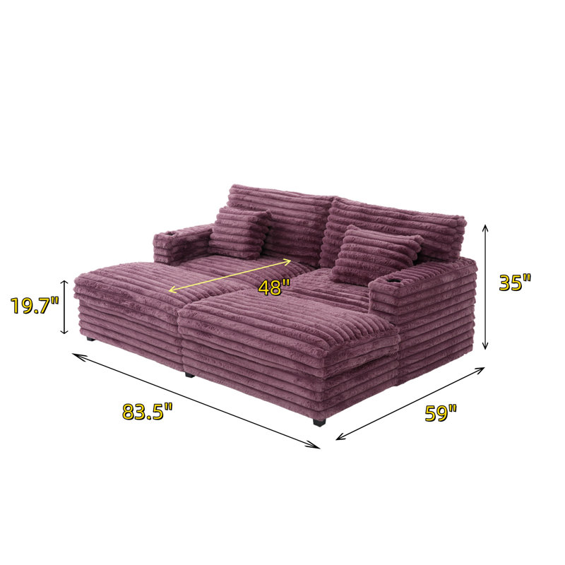 Très grand canapé inclinable double avec coussins de soutien doubles, ports USB et porte-gobelets, Mauve