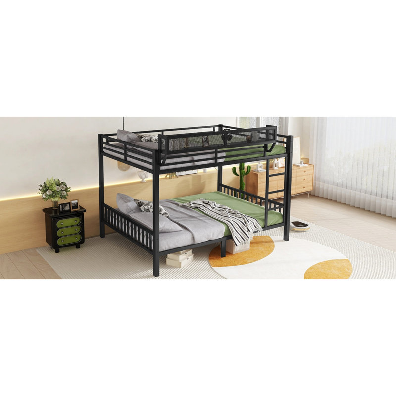 Lit superposé Queen en métal noir, pour adultes et adolescents, avec tablette de rangement, barrière de sécurité et sommier à lattes.