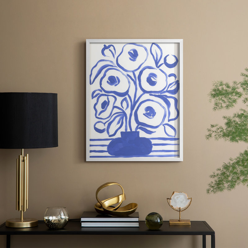 «Blue Brush Flowers I», reproduction encadrée - bois massif, H 21 po x l 17 po, Blanc