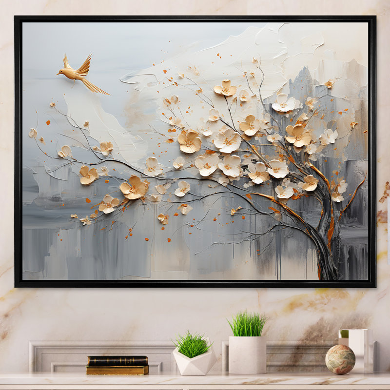 Art mural beige au Japon et arbre doré - formes abstraites, H 24 po x l 32 po x P 1 po, Cadre flottant noir
