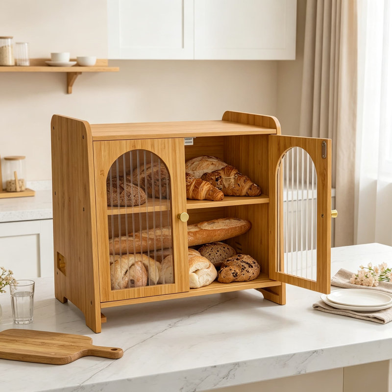 Boîte à pain en bois à double compartiment pour comptoir, avec fenêtre en acrylique, ventilations réglables, planche à découper intégrée et grande capacité de rangement pour pain, viennoiseries et en-cas.