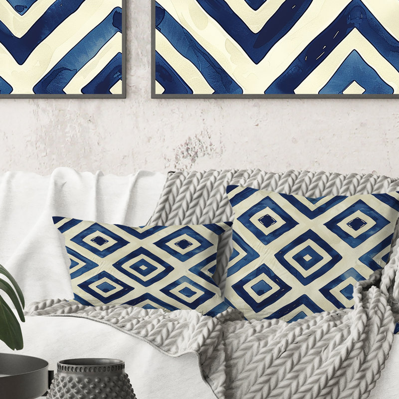 Coussin transitionnel bleu et blanc Royal Geo Tile II - transitionnel, H 18 po x l 18 po