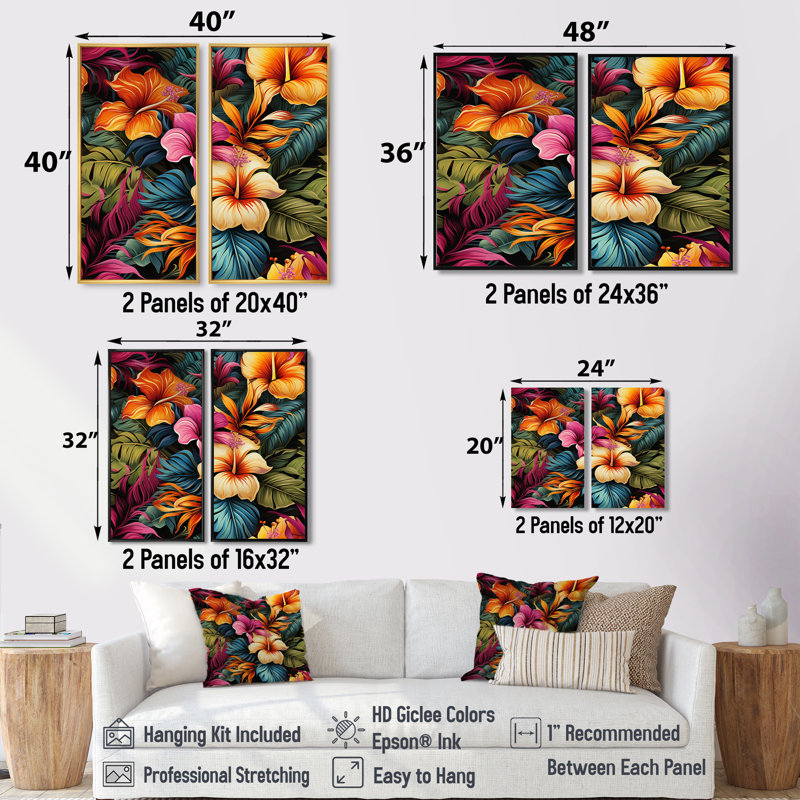 Hibiscus multicolore fleurs tropicales IV - art tropical vert 2 pièces, Black, 36" H x 48" W, Impression encadrée flottante