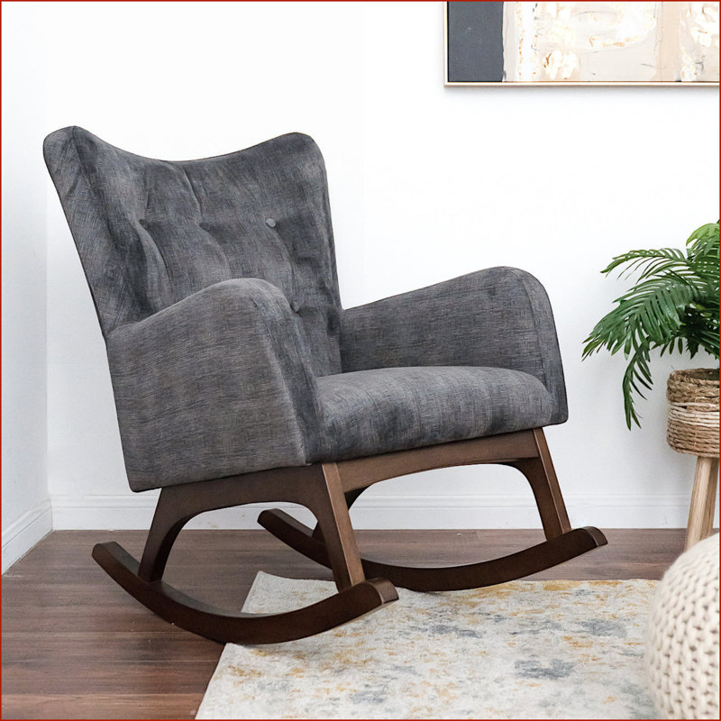Chaise berçante avec structure en bois massif, tissu résistant aux taches, brun / gris foncé, 36 po x 26 po x 36,5 po | Tissu | Bois massif