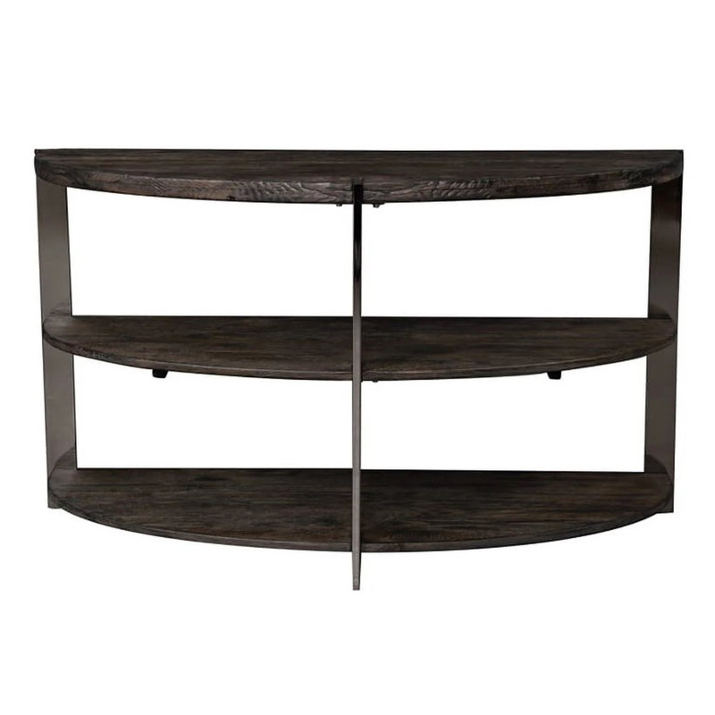 Console couleur anthracite, 2 tablettes, table en métal et en bois en forme de demi-lune, finition ouverte grise et espace de vie, chambre à coucher, vestibule