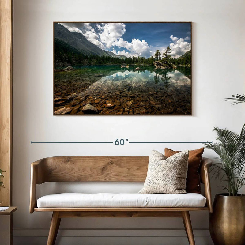 Paysage de lac tranquille, 46 po x 31 po, Cadre flottant en noyer