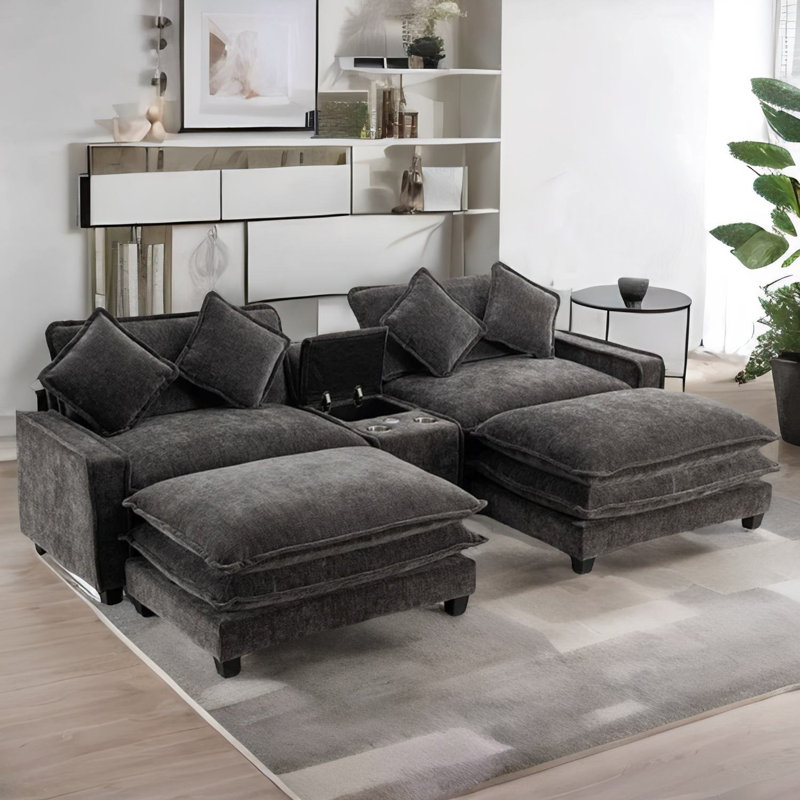 Canapé convertible en forme de L de 124,8 po avec port USB intégré, Chenille grise / rembourrage en mousse