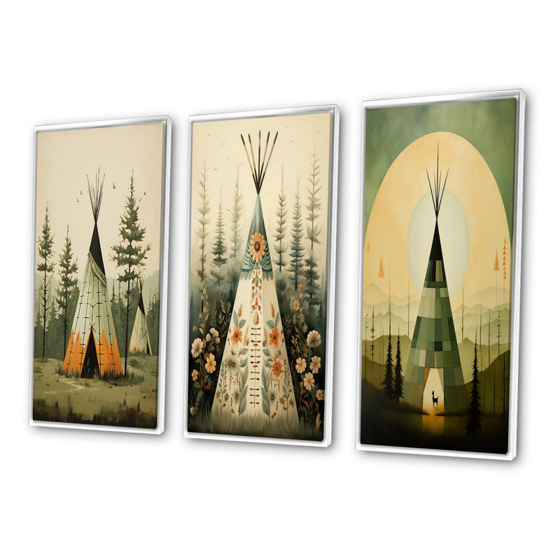 «Green Native Tipi Serenity In Nature», 3 pièces sur toile, H 32 po x l 48 po, Cadre flottant blanc