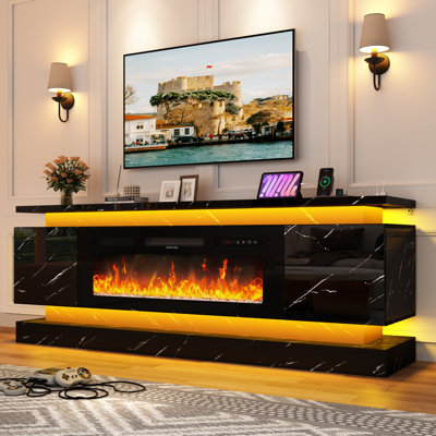 Meuble télé 70 po avec foyer électrique de 40 po - Console multimédia moderne avec deux lumières à DEL et prise de courant intégrée pour les téléviseurs de 65/75/80 po ou moins, centre de divertissement de jeu ultrabrillant, pour le salon