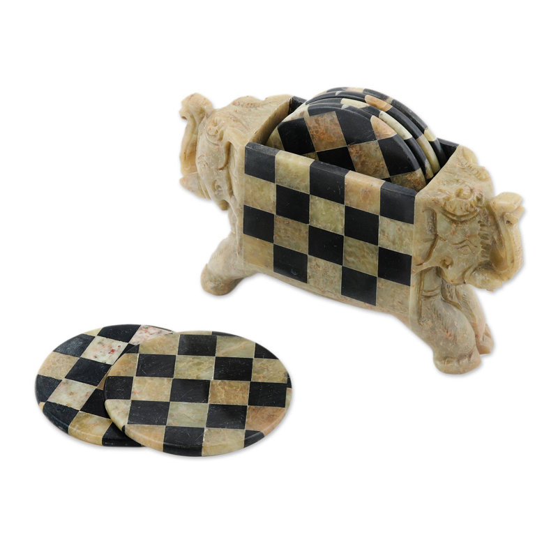 Ensemble sous-verre avec porte-saponite 7 pièces éléphant checkers