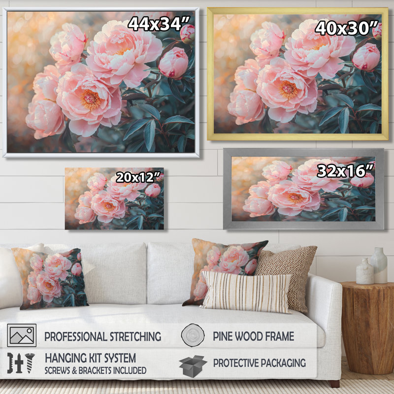 Pivoines par les fermes brise-vent - pivoines, art mural, H 30 po x l 40 po, Impression encadrée flottante, Doré