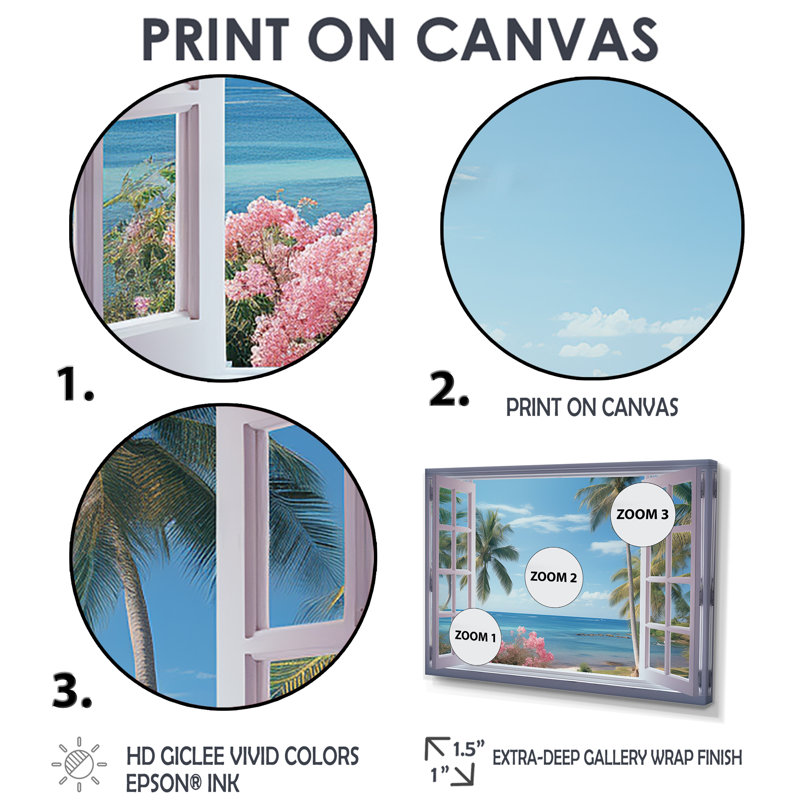 Vue sur l'océan tropical à travers une fenêtre blanche ouverte - art mural sur toile côtière, H 24 po x l 32 po x P 1 po