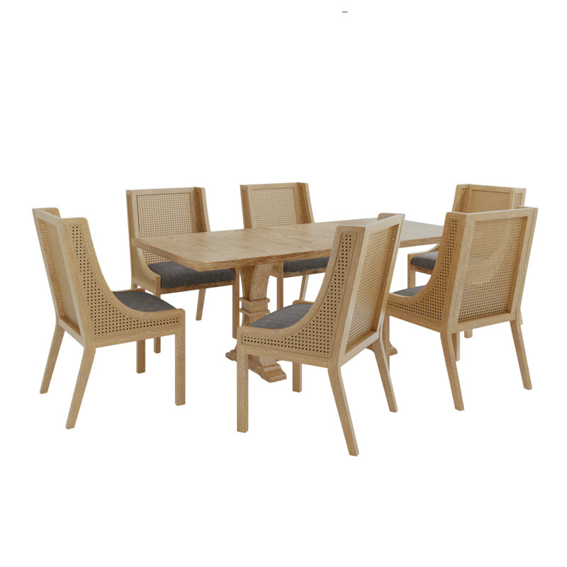 Cohe Cane Webbing Rubberwood Dining Set, Charcoal, 7