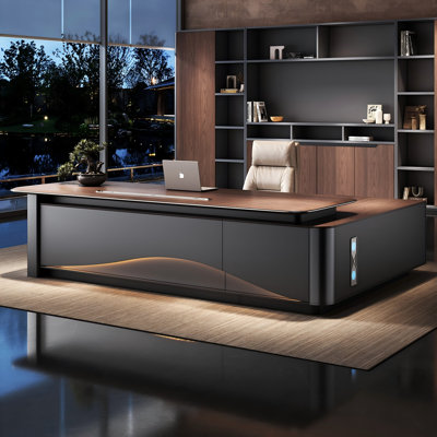 118.11"Modern Minimalist Lacquered Executive Desk with Side Cabinet