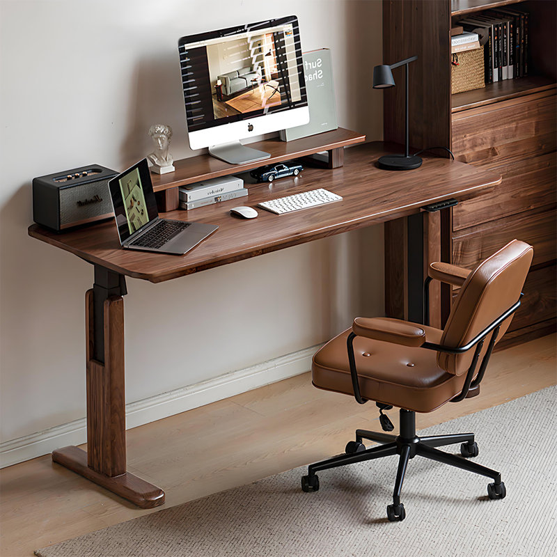 Bureau électrique à hauteur réglable en bois de noyer noir 62,99 po, H 28,35 po x l 62,99 po x P 25,59 po