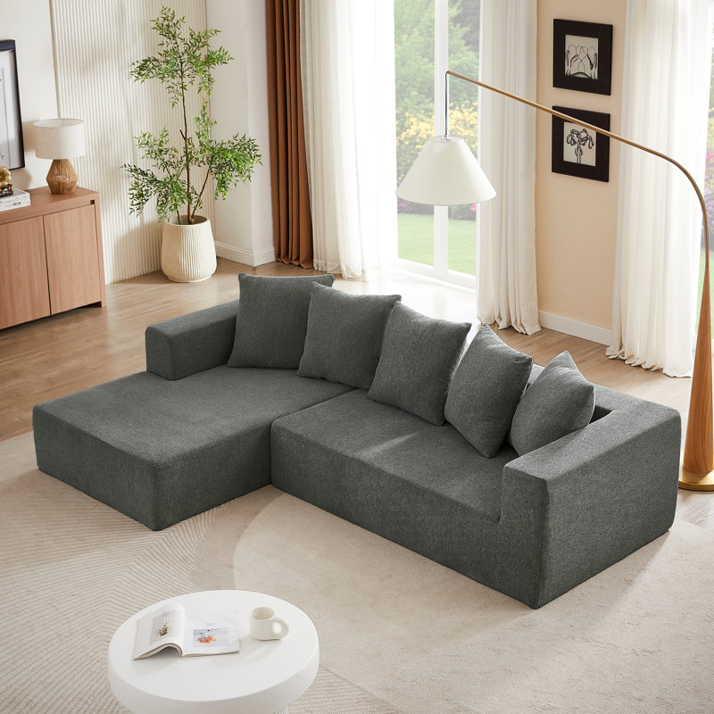 Boneless Chenille Modular Compressed L Shaped Sofa, Gray Fabric, Right Hand Facing
