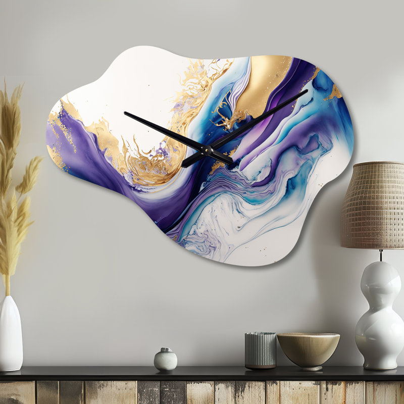 Ariyunna bleu, or et mauve Splash Paint III - horloge abstraite spirale en métal nuage, horloge murale asymétrique moderne