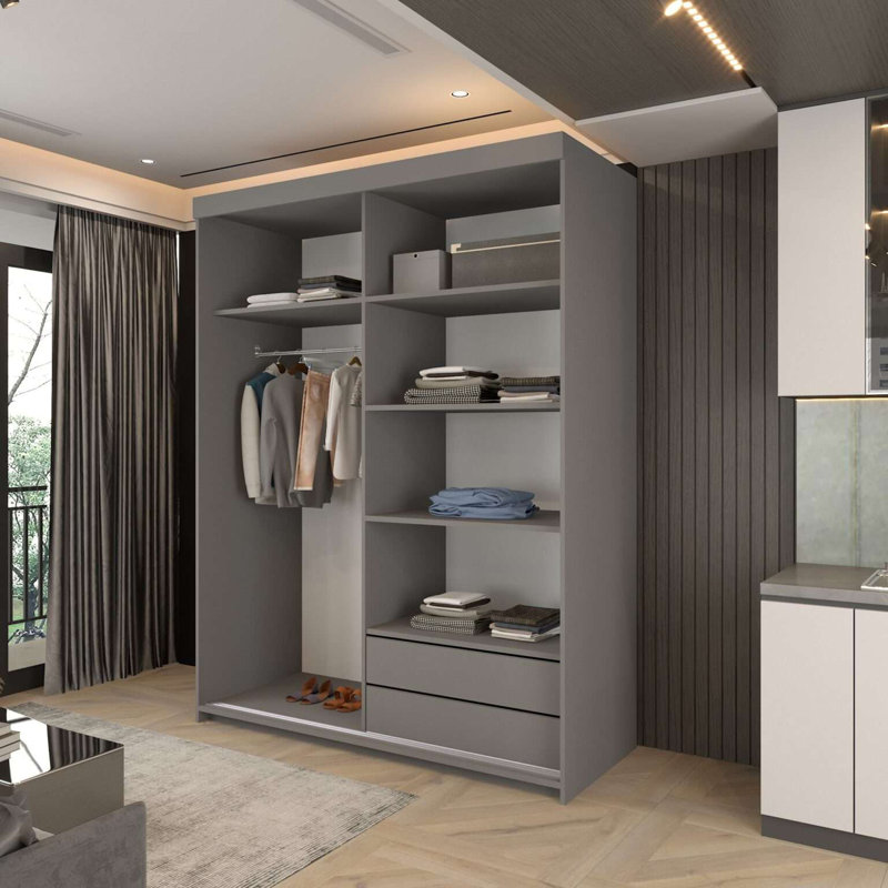2 Door Laminate Wardrobe, Grey, 217cm H x 150cm W x 62cm D