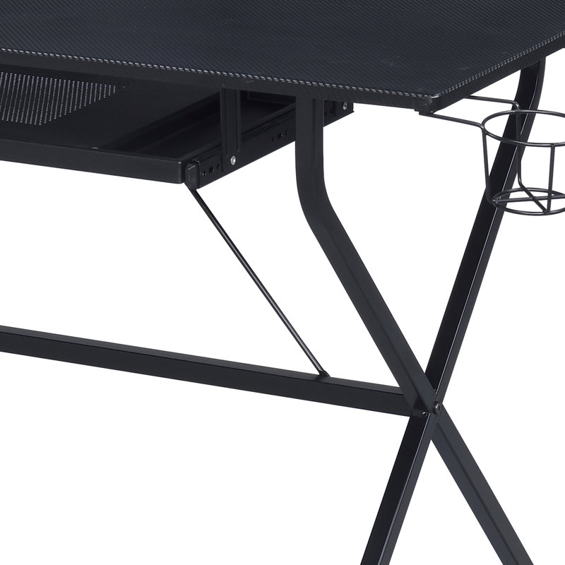 Bureau d'écriture noir avec plateau à clavier, construction stable et ordinateur pratique avec structure en bois et métal