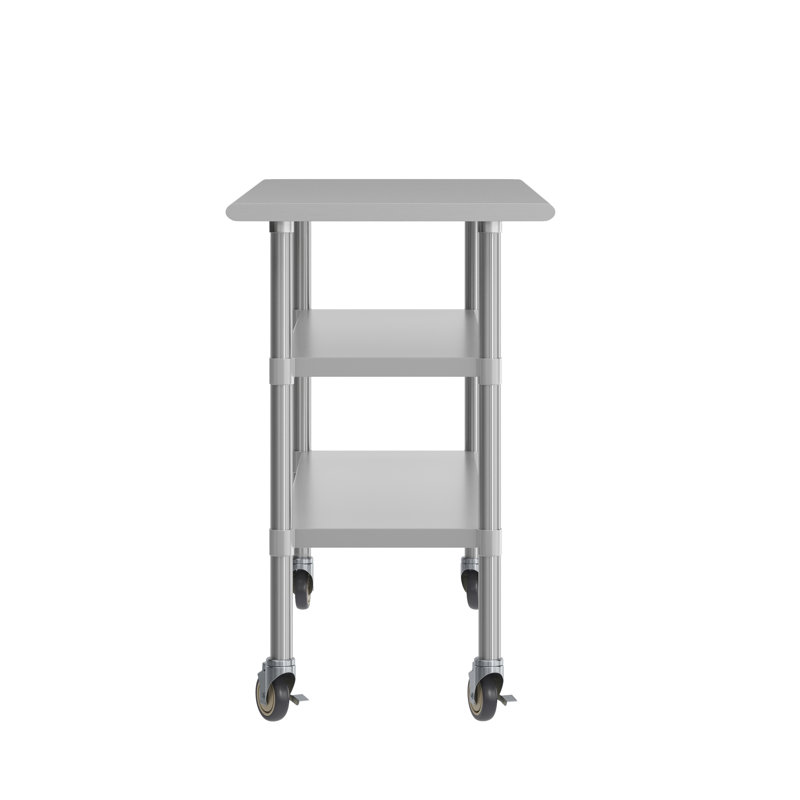 Table de travail commerciale en acier inoxydable avec deux tablettes et roulettes, H 34,5 po x L 60 po x l 24 po