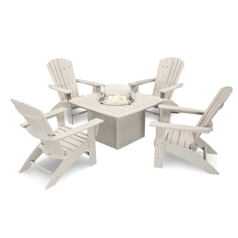 POLYWOOD Nautical Curveback Adirondack 5-Piece Conversation Set with Fire Pit Table, Sand
