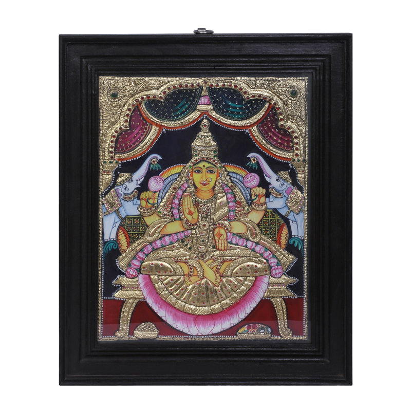 Déesse Gajalakshmi Tanjore, peinture | Couleurs traditionnelles avec or 24 carats | Structure en bois de teck