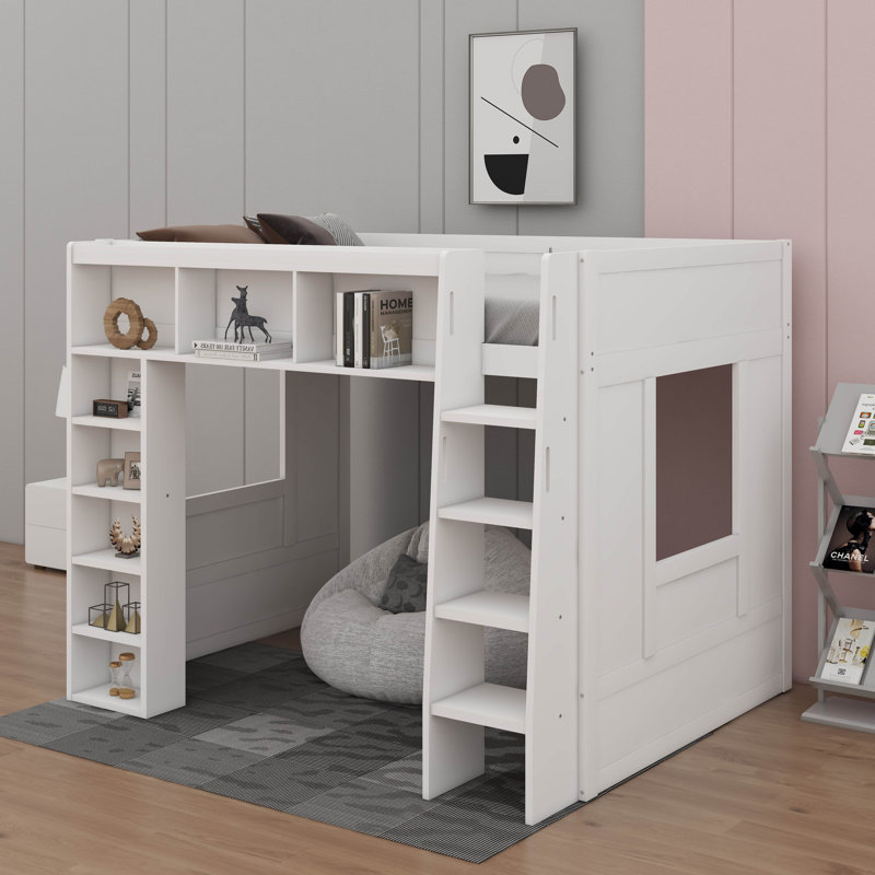 Queen-Scale Wooden Loft Bed With Cabinets & Shelving, Space-Efficient Multifunctional Loft Bed For Compact Rooms, White