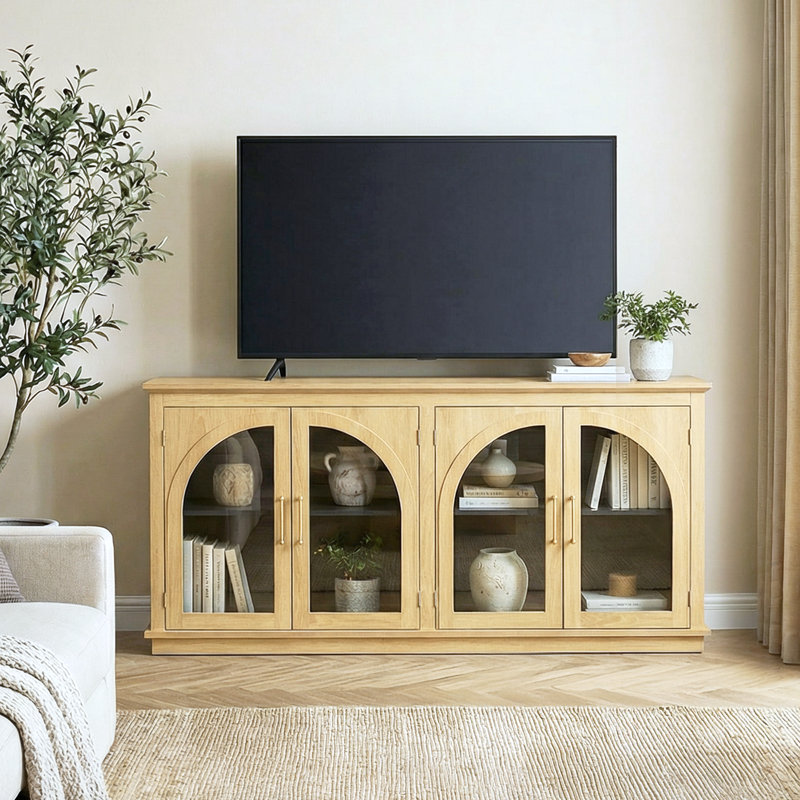 Meuble télé 65 po avec tablettes réglables, buffet d'appoint et buffet avec porte en verre arquée, couleur naturelle