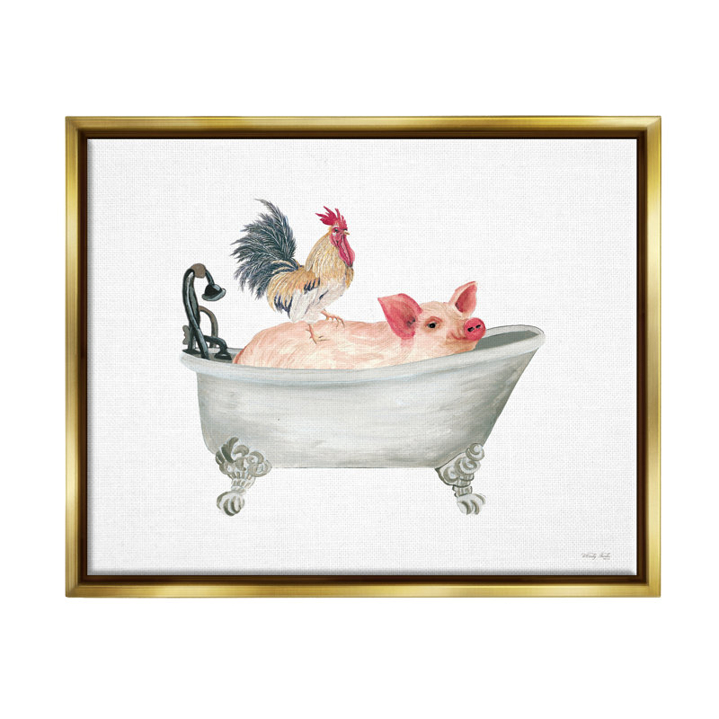 «Farmhouse Animals Tub», reproduction sur toile, Cadre flottant métallique doré, H 17 po x l 21 po x P 1,7 po