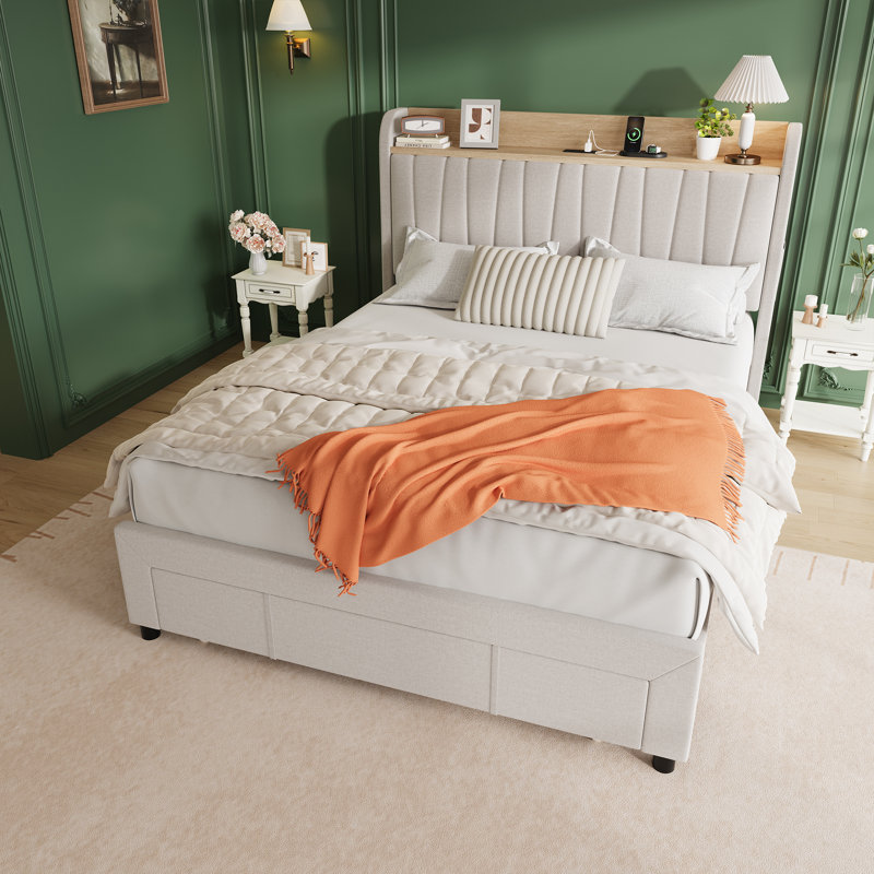 Structure de lit double avec tiroirs de rangement et station de charge, conception silencieuse, support de lattes en bois, cadre de lit rembourré, aucun sommier requis, assemblage facile, beige