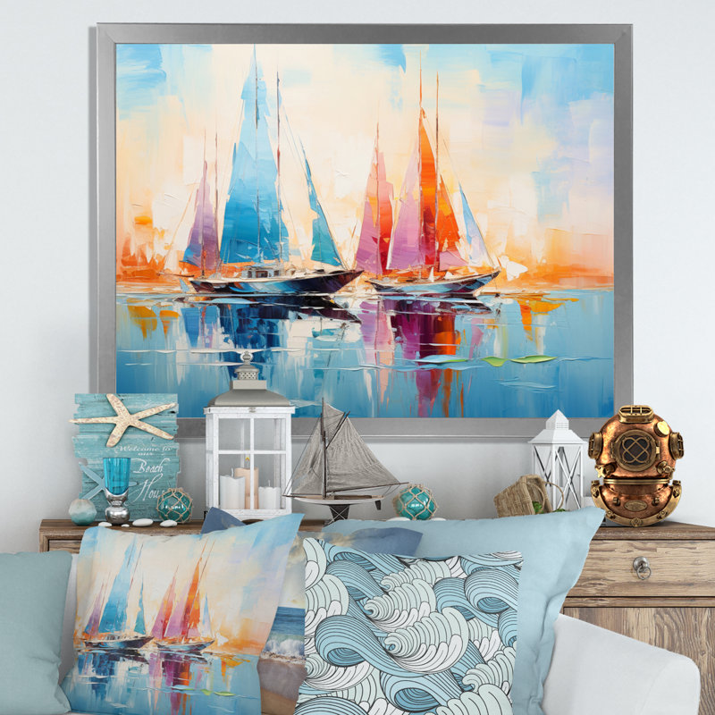 Sailboat Abstract Coastal Symphony I - Sailing Boat Canvas Wall Art, H 34 po x l 44 po x P 1,5 po, Cadre simple argenté