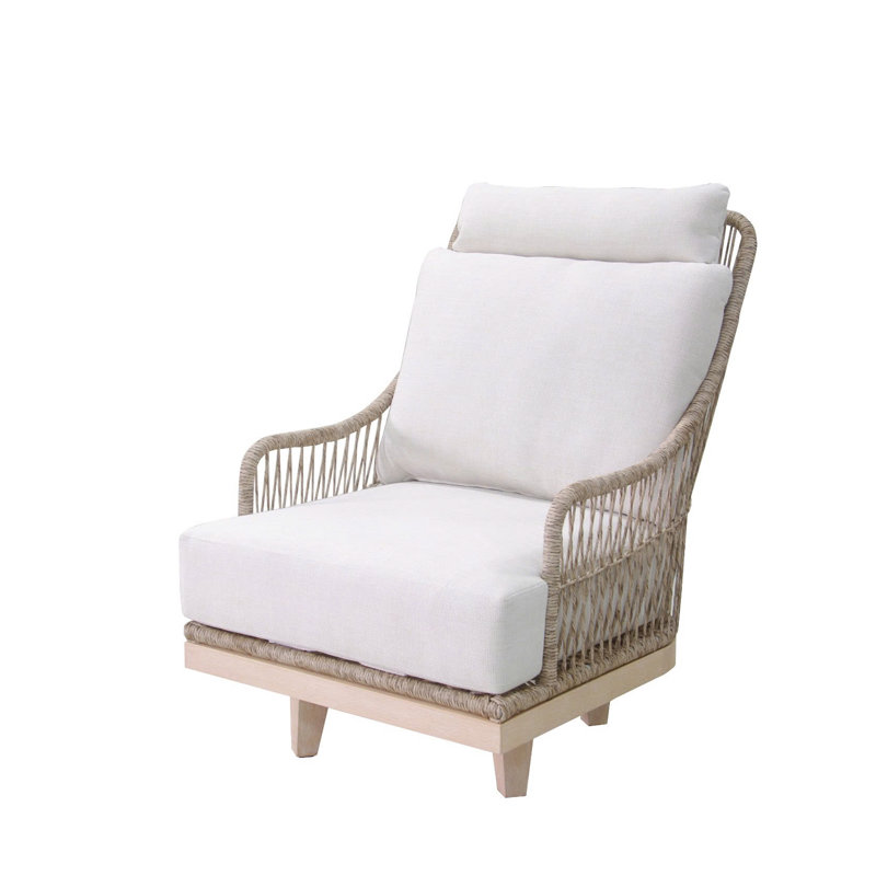 Chaise crème Swviel avec tissu d'oléfine, Coussin crème / brun / structure en bois naturel