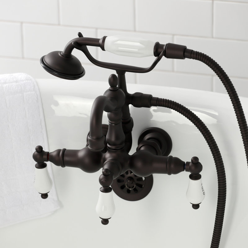 Kingston Brass Heritage Three-Handle 2-Hole Tub Wall Mount Clawfoot Tub Faucet with Hand Shower, Oil Rubbed Bronze