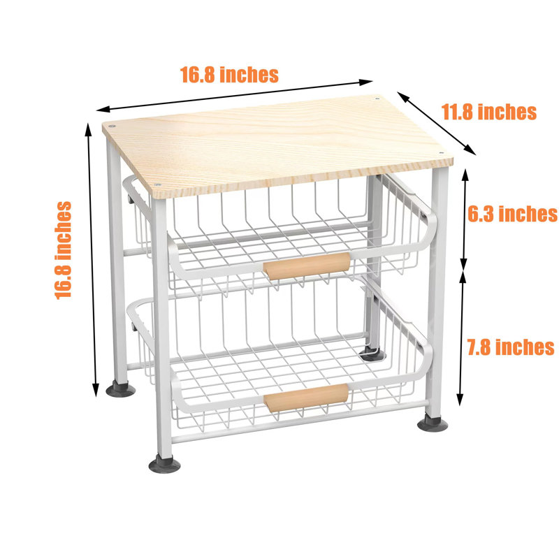 Fruit Basket Kitchen Food Organizer and Rack, Stackable Storage Cart with Desktop, Pull-Out Hollow Metal Basket, Sliding Out Storage