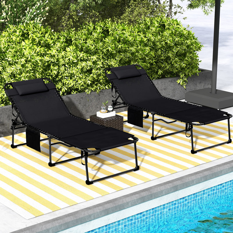 5-Level Adjustable Outdoor Lounge Chair, Breathable Fabric, , Bungee Seat, Side Pocket, Black For Patio, Yard, Beach Sun 2 Piece Folding With 5-Angle Reclining, Reading Face Hole,