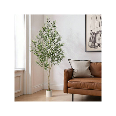 Artificial Olive Tree - 6FT(72in) Tall Faux Silk Plant With Natural Wood Trunk & Lifelike Fruits - Perfect For Modern Home, Office, Living Room Floor Decor, With White Basin