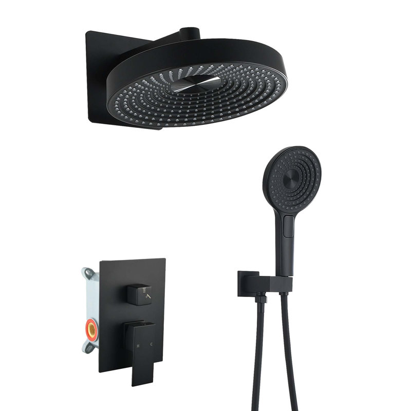 Système de douche encastré minimaliste moderne à 2 fonctions - Valve de contrôle en laiton massif, douche en ABS et à main avec buses en silicone autonettoyantes
