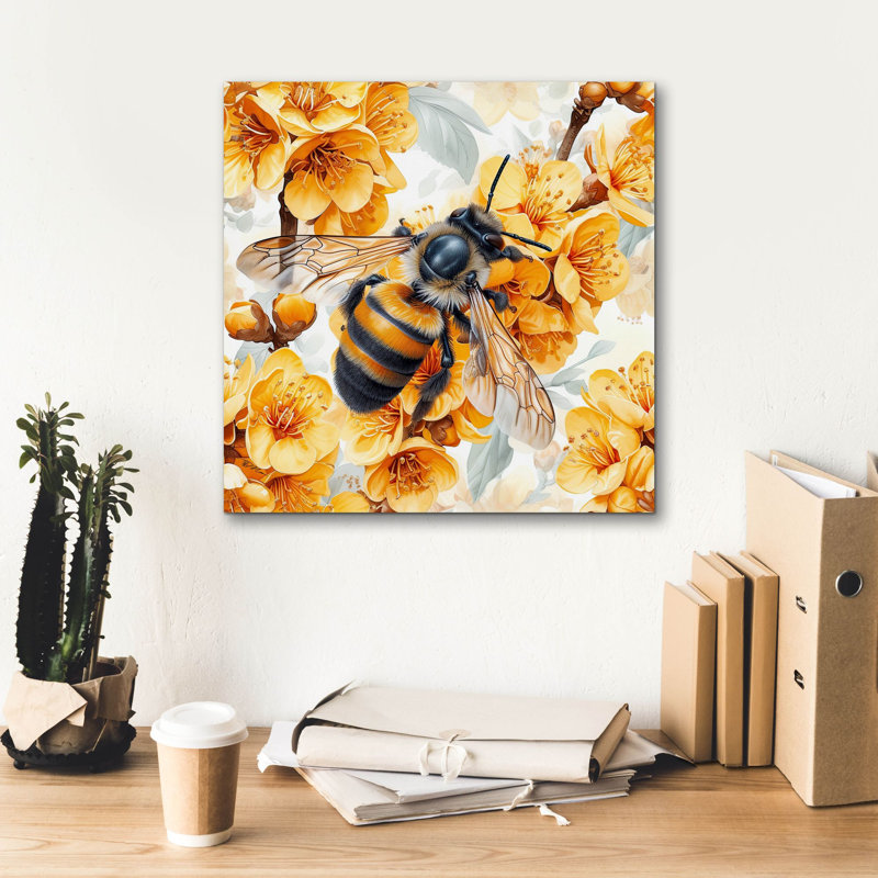«Bee With Yellow Flowers» par Momart, art mural sur toile, 37 po x 37 po, H 18 po x l 18 po x P 0,75 po