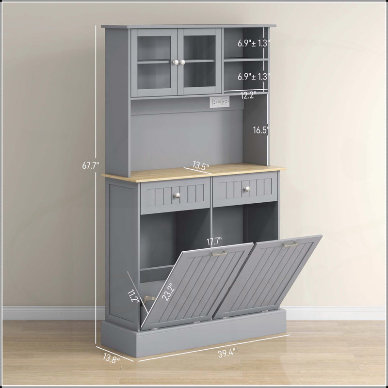 Armoire de cuisine autoportante avec station de charge, armoires à ordures inclinables et tablettes réglables pour un rangement et une organisation efficaces