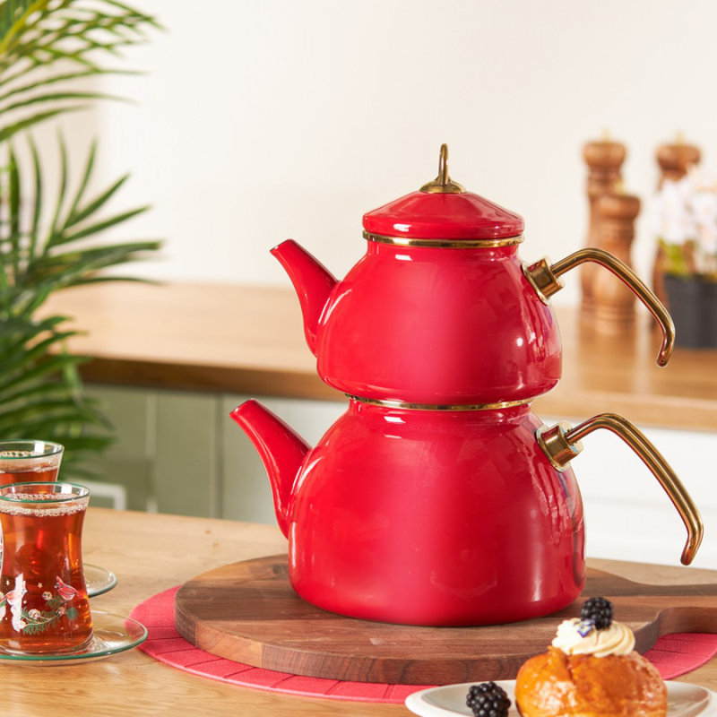Karaca Retro Enamel Induction Teapot Set, Red