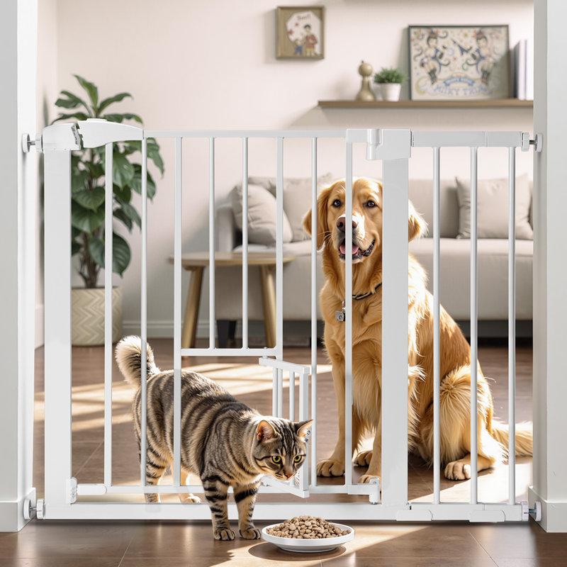 Auto Close Safety Gate With Cat Door, 29.5"-40.5" Extra Wide Dog Gate, Pressure Mounted Easy Walk Thru Pet Gate, White