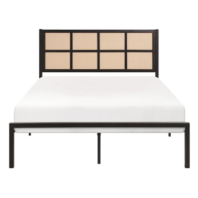 Lit plateforme grand lit, structure en métal en bronze foncé avec tête de lit en fausse canne